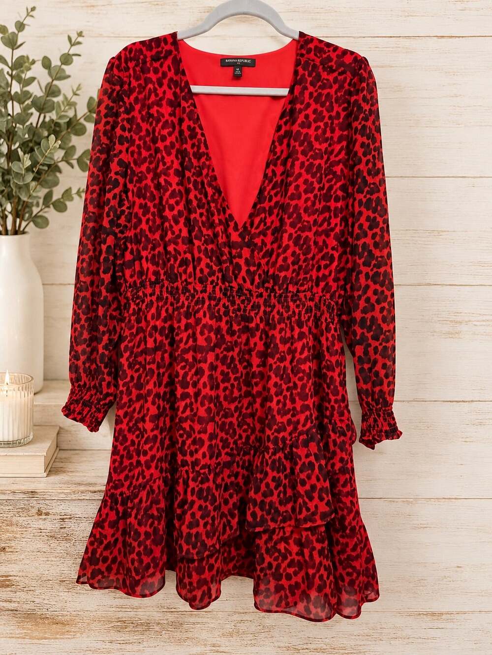 Banana Republic Red Black Faux Wrap Dress XL Long Sleeve Ruffle Hem